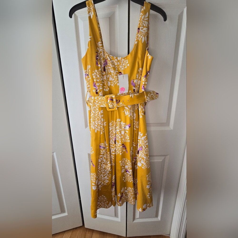 Boden Yellow Floral Belted Midi Dress